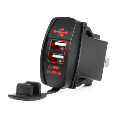 Vodootporni USB punjač za telefon u obliku prekidača sa CRVENIM LED pozadinskim osvjetljenjem, 2x USB, 12/24V - 04228