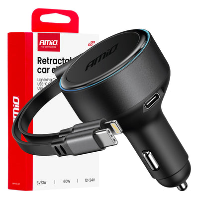 Auto punjač sa uvlačivim USB-C i Lightning kablom + USB-C priključkom, 12/24V, 60W- 04370