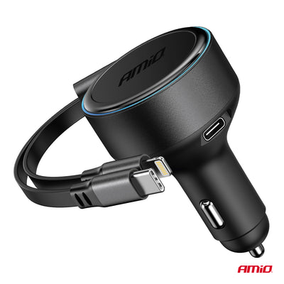 Auto punjač sa uvlačivim USB-C i Lightning kablom + USB-C priključkom, 12/24V, 60W- 04370